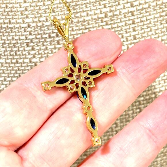 Delicate blue & white crystal cross pendant on goldtone chain religious jewelry - Picture 5 of 5